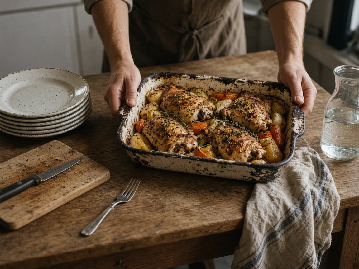 A baking dish of roasted chicken and vegetables being set down on a kitchen table